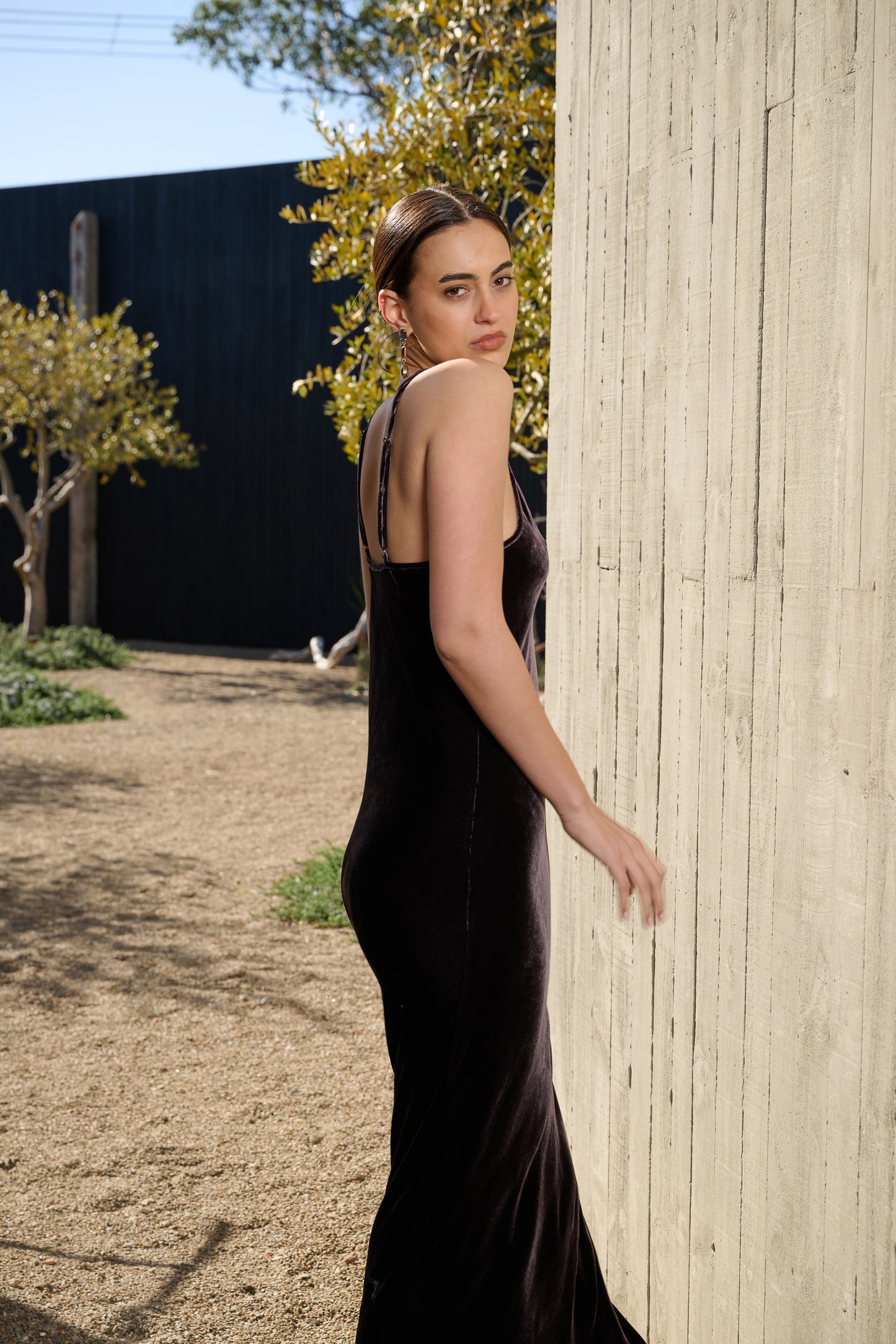 VALENTINE VELVET SLIP DRESS AUBERGINE