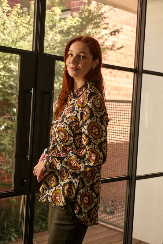 PHOEBE SILK SLOUCH SHIRT- AUBERGINE