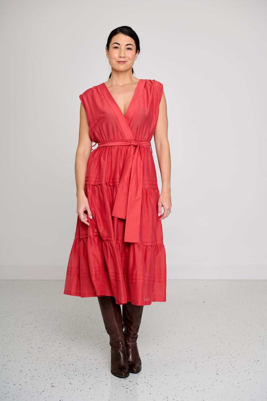TIBI V NECK DRESS- Crimson