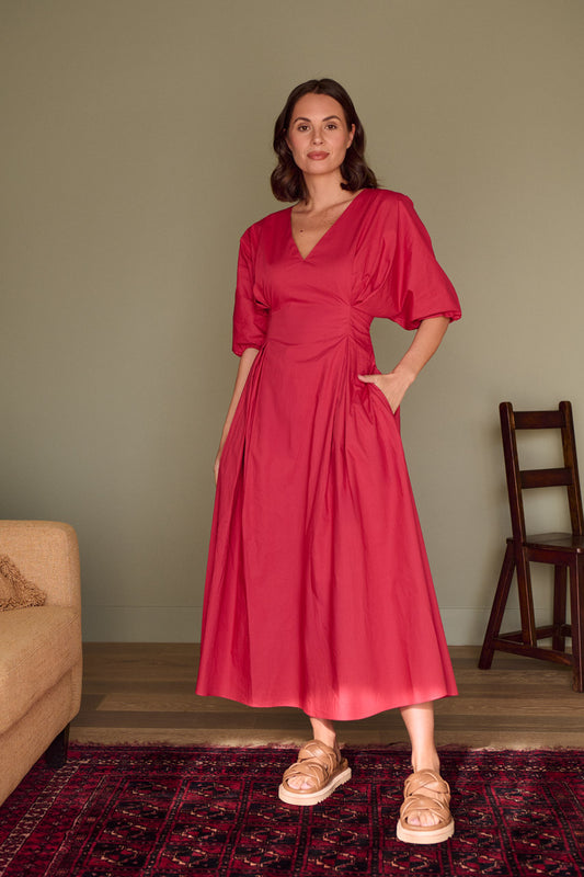 TIBI PLEAT WAIST DRESS- CRIMSON