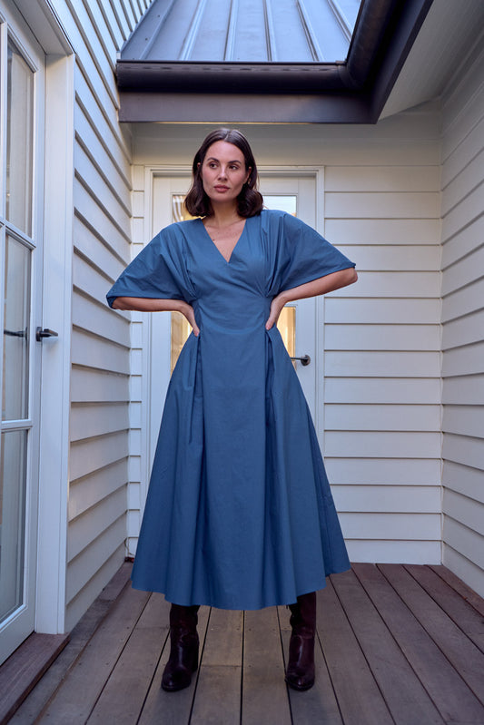 TIBI PLEAT WAIST DRESS- Petrol
