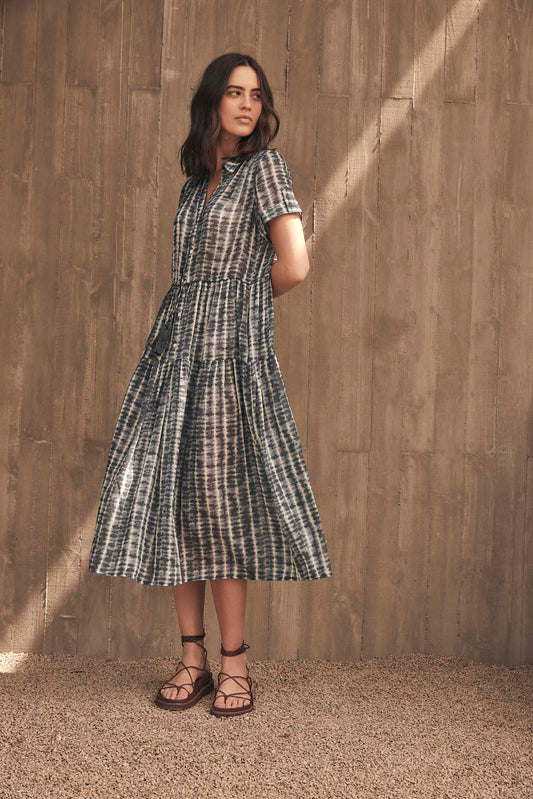 MOONLIGHT WAVE BUTTON FRONT DRESS- Navy print