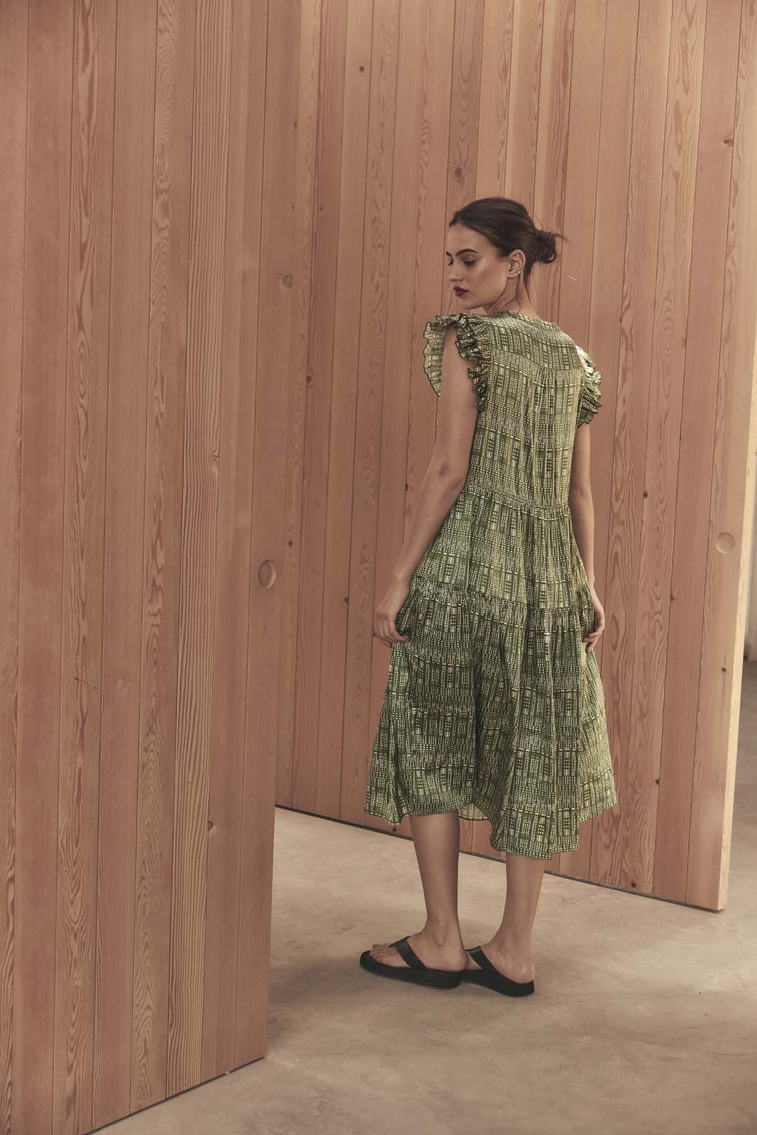 SHIBORI SILK CAP SLEEVE DRESS- Forest