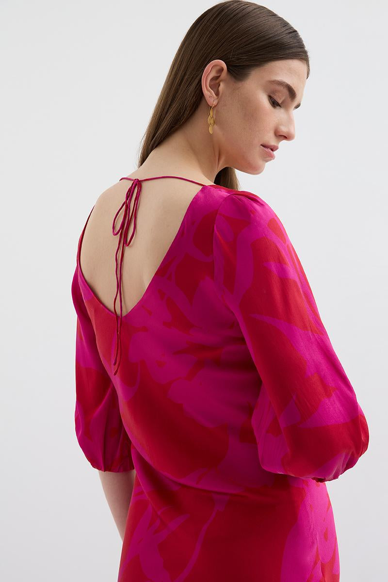 VINCENT V NECK BIAS DRESS FLORAL MAGENTA