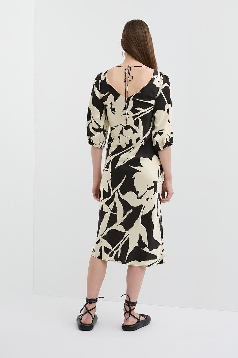 VINCENT V NECK BIAS DRESS FLORAL BLACK