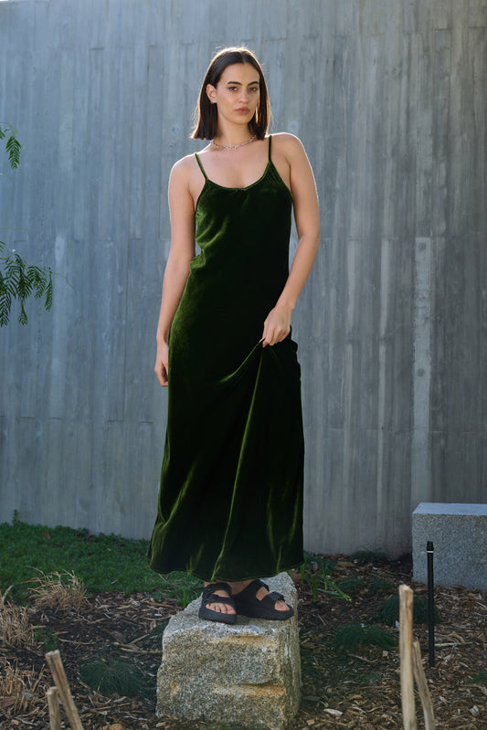 VALENTINE VELVET SLIP DRESS - KELP