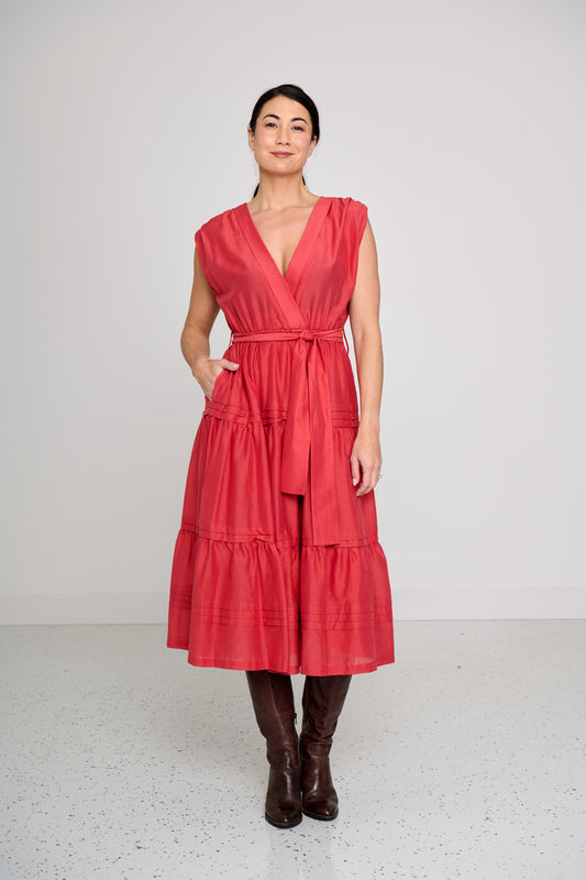 TIBI V NECK DRESS- Crimson