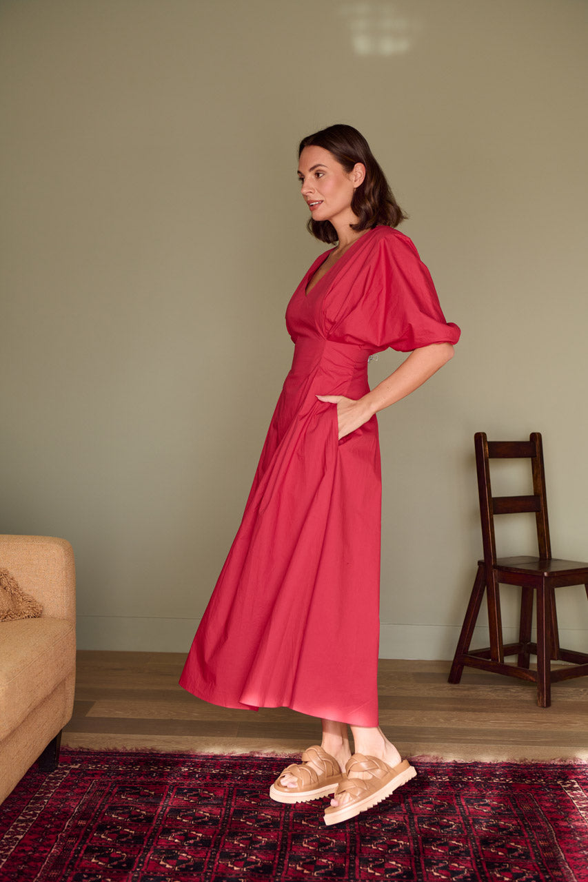 TIBI PLEAT WAIST DRESS- CRIMSON