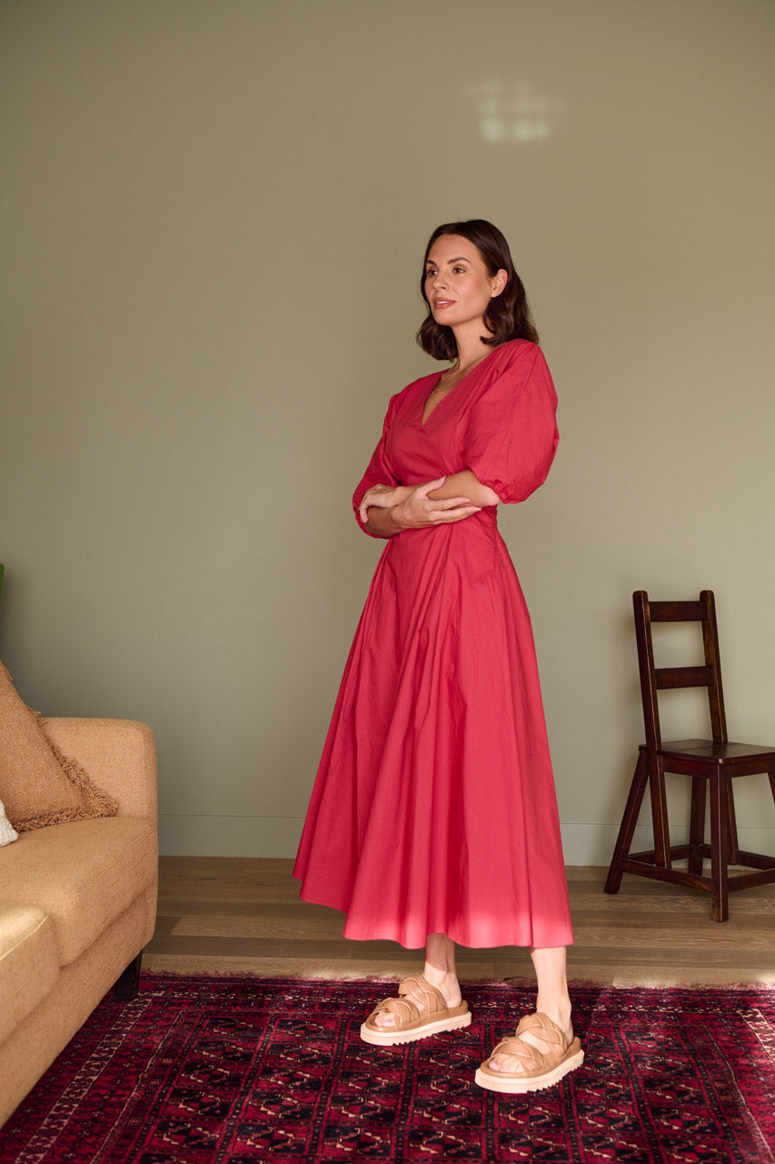 TIBI PLEAT WAIST DRESS- CRIMSON