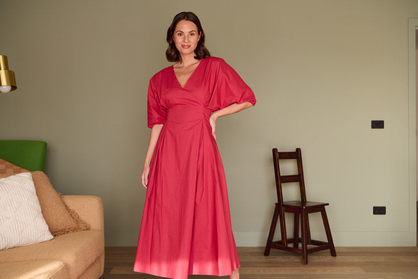 TIBI PLEAT WAIST DRESS- CRIMSON