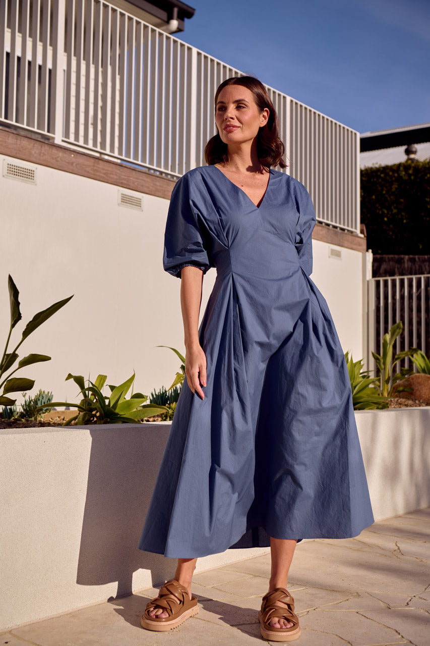TIBI PLEAT WAIST DRESS- Petrol