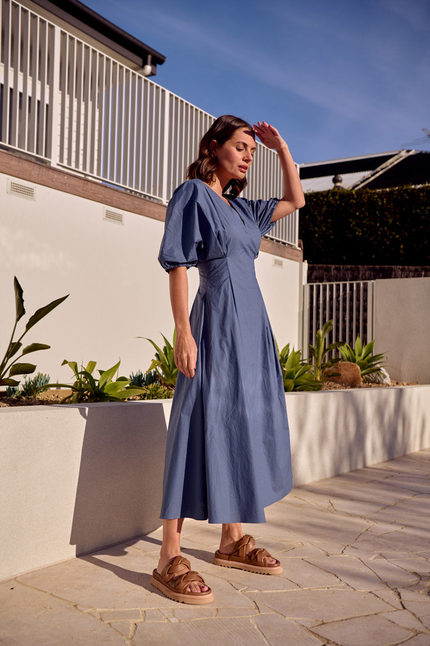 TIBI PLEAT WAIST DRESS- Petrol