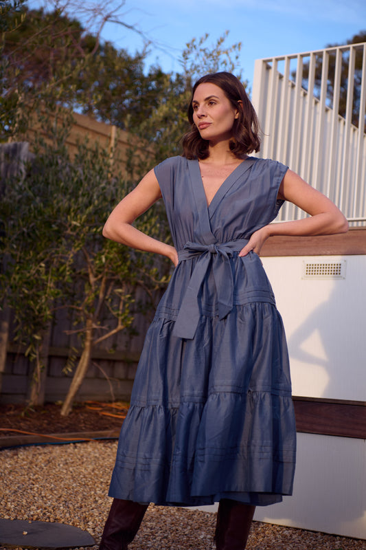 TIBI V NECK DRESS- Petrol