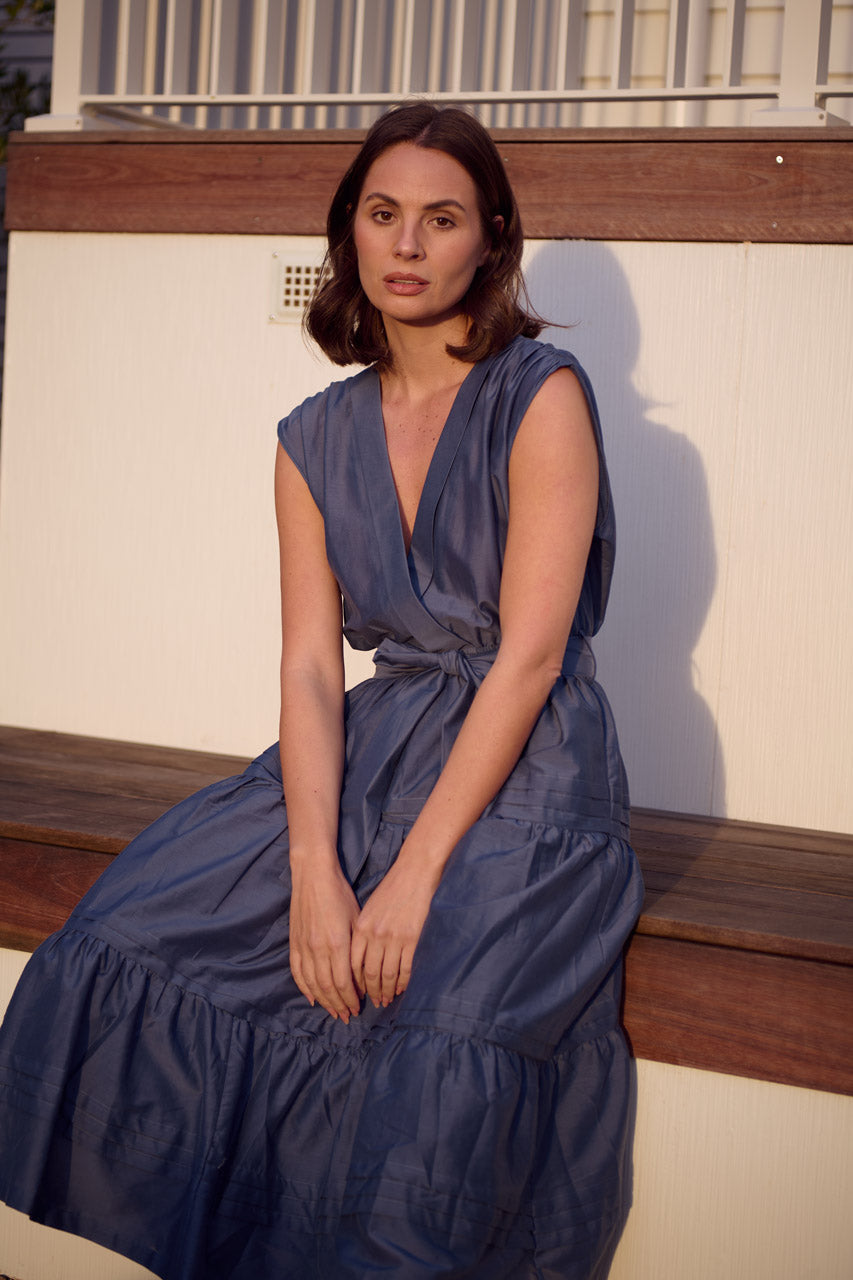 TIBI V NECK DRESS- Petrol