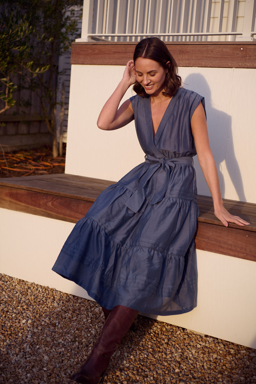 TIBI V NECK DRESS- Petrol