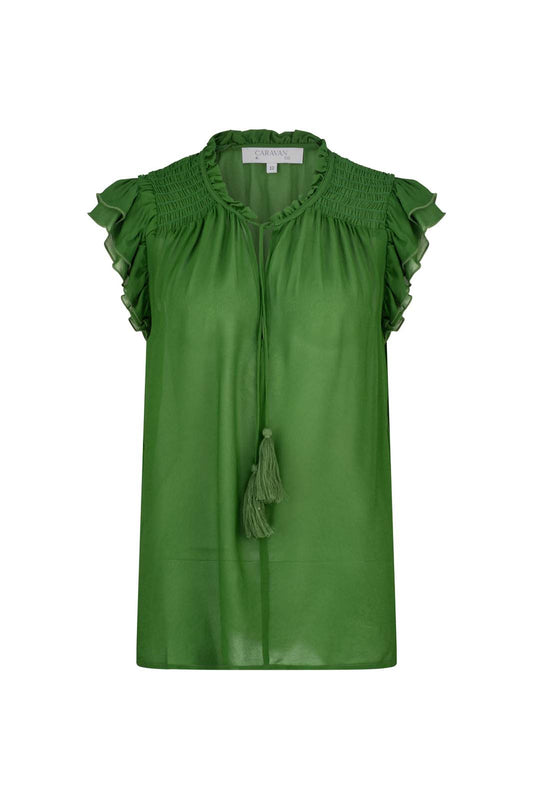 RUFFLE NECK BLOUSE- Forest