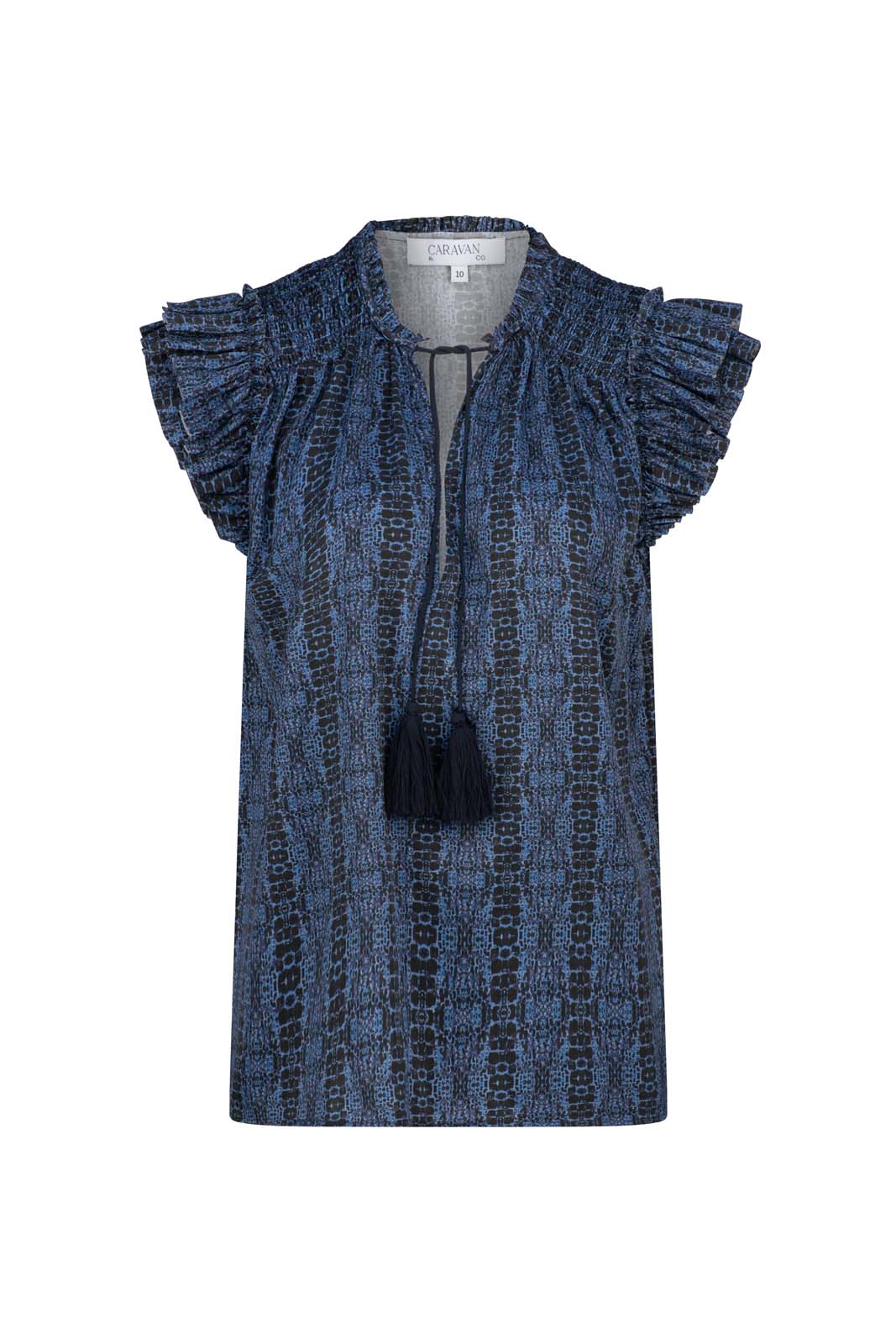 FORCE OF NATURE RUFFLE NECK BLOUSE- Navy print