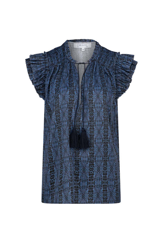 FORCE OF NATURE RUFFLE NECK BLOUSE- Navy print