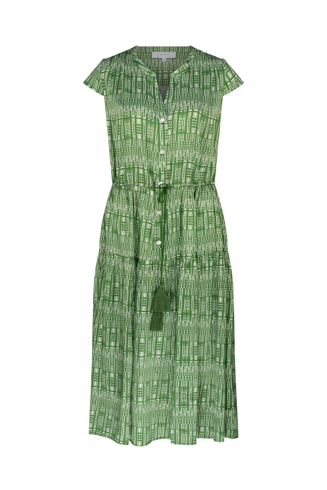 SHIBORI SILK CAP SLEEVE DRESS- Forest