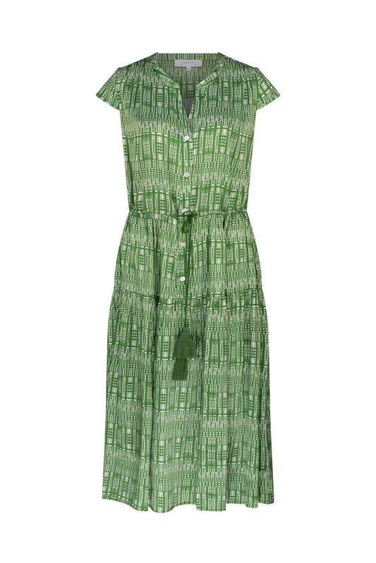 SHIBORI SILK CAP SLEEVE DRESS- Forest