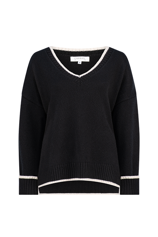 CASHMERE BLEND V NECK JUMPER BLACK/ALABASTER
