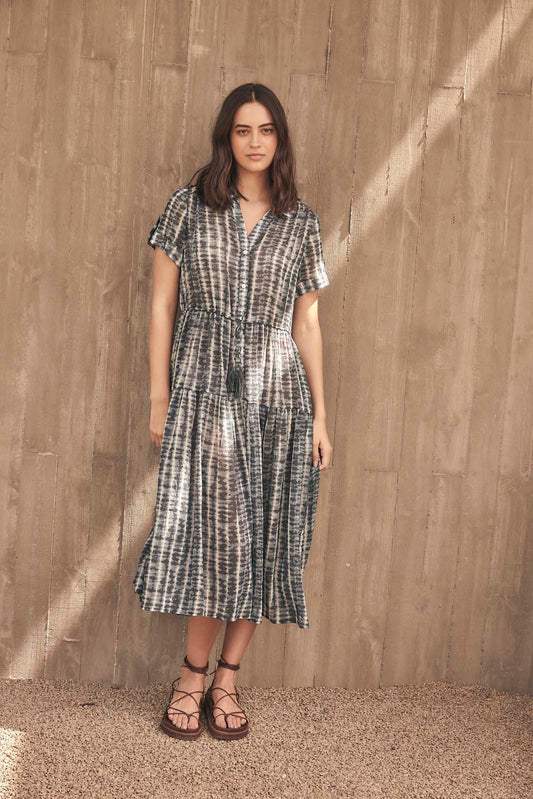 MOONLIGHT WAVE BUTTON FRONT DRESS- Navy print
