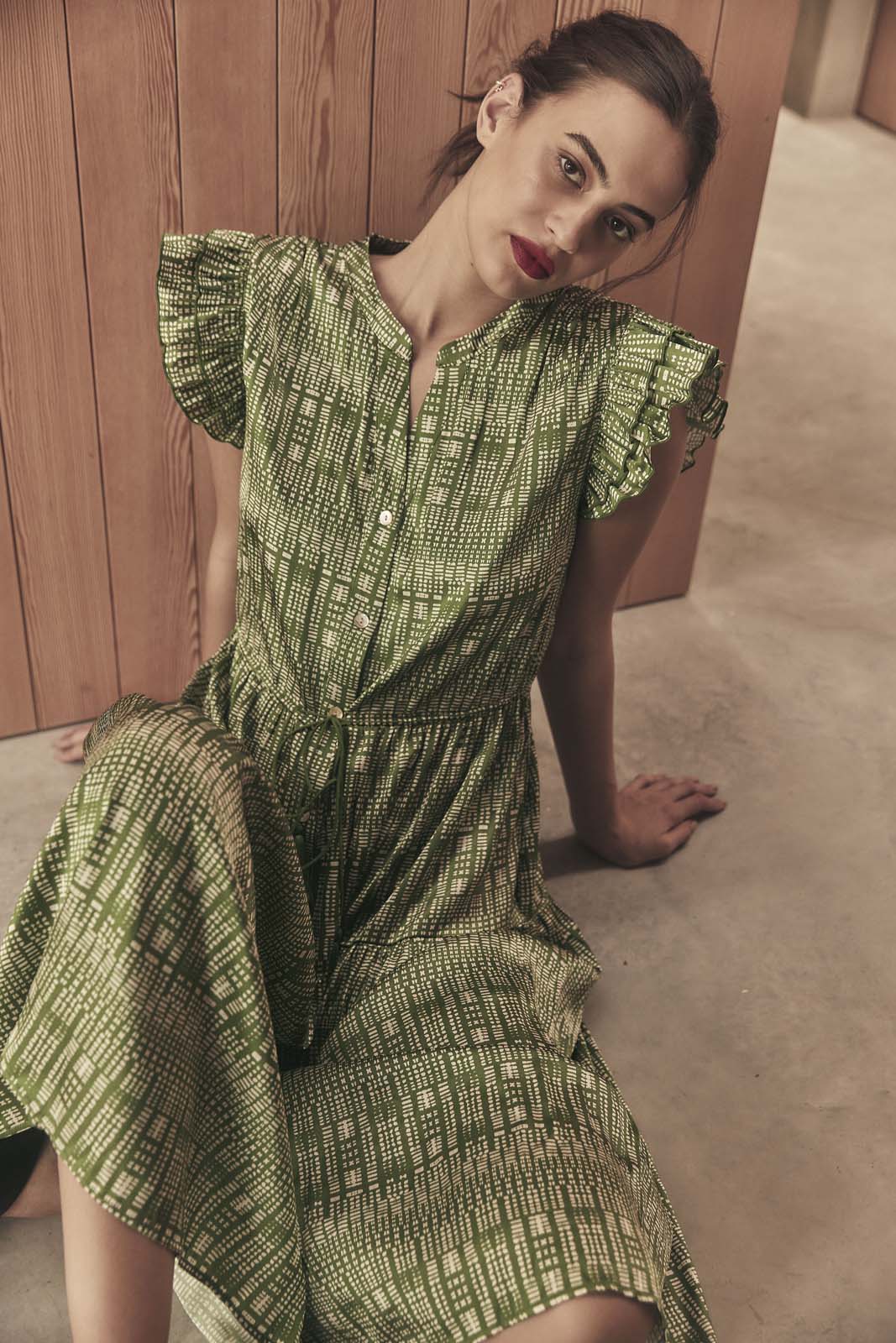 SHIBORI SILK CAP SLEEVE DRESS- Forest