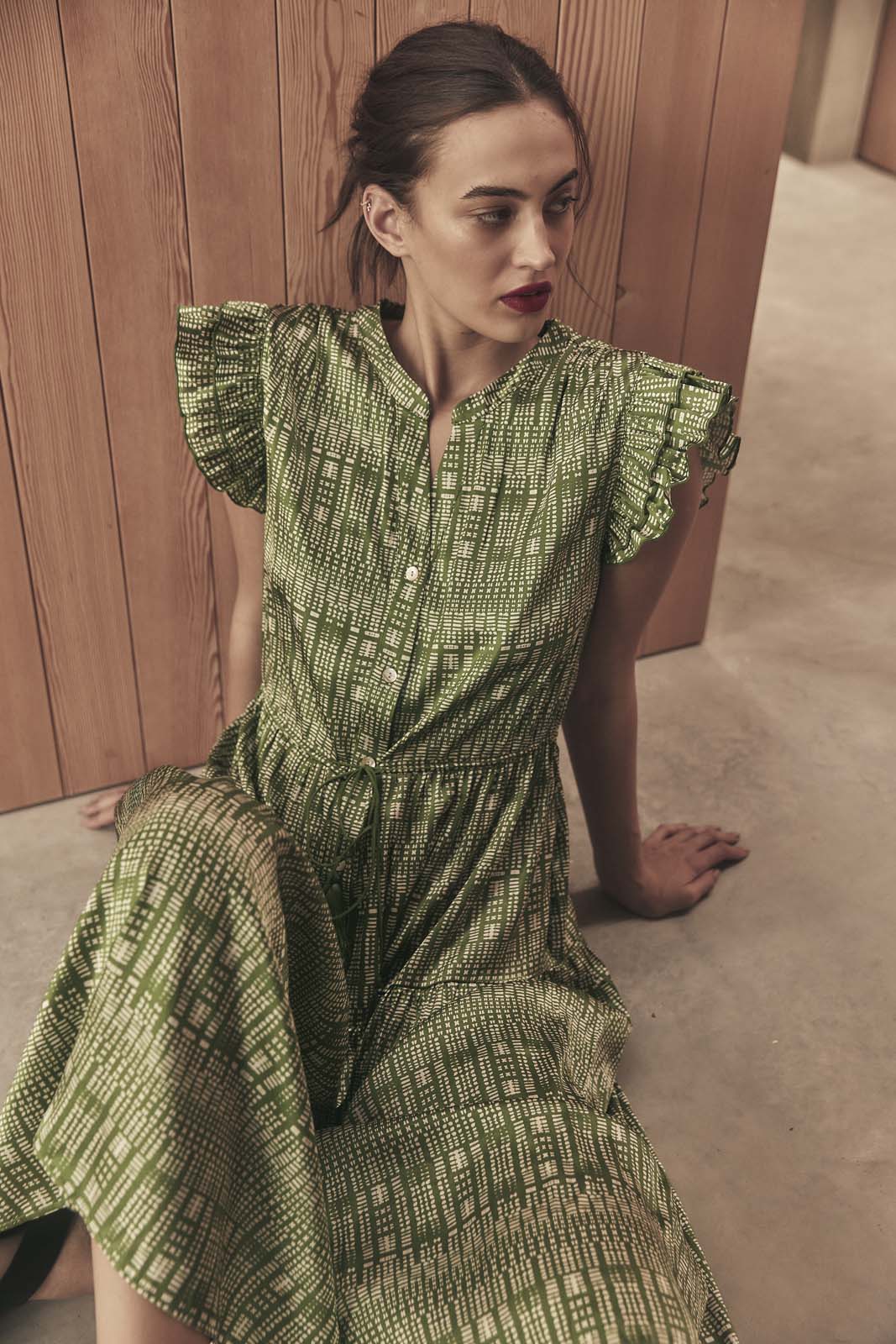 SHIBORI SILK CAP SLEEVE DRESS- Forest