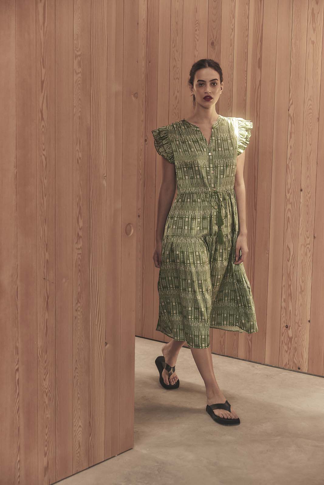 SHIBORI SILK CAP SLEEVE DRESS- Forest