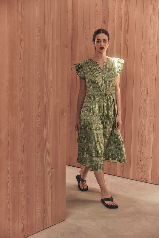 SHIBORI SILK CAP SLEEVE DRESS- Forest