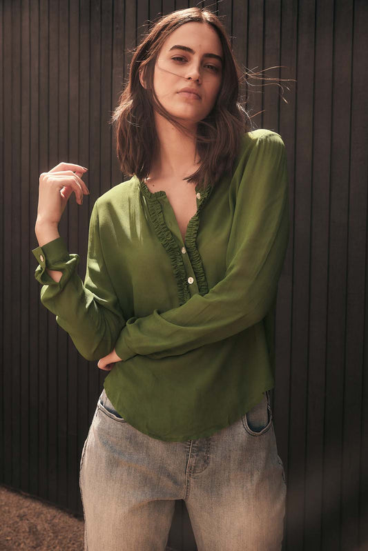 MOONLIGHT FRILL FRONT BLOUSE- Forest