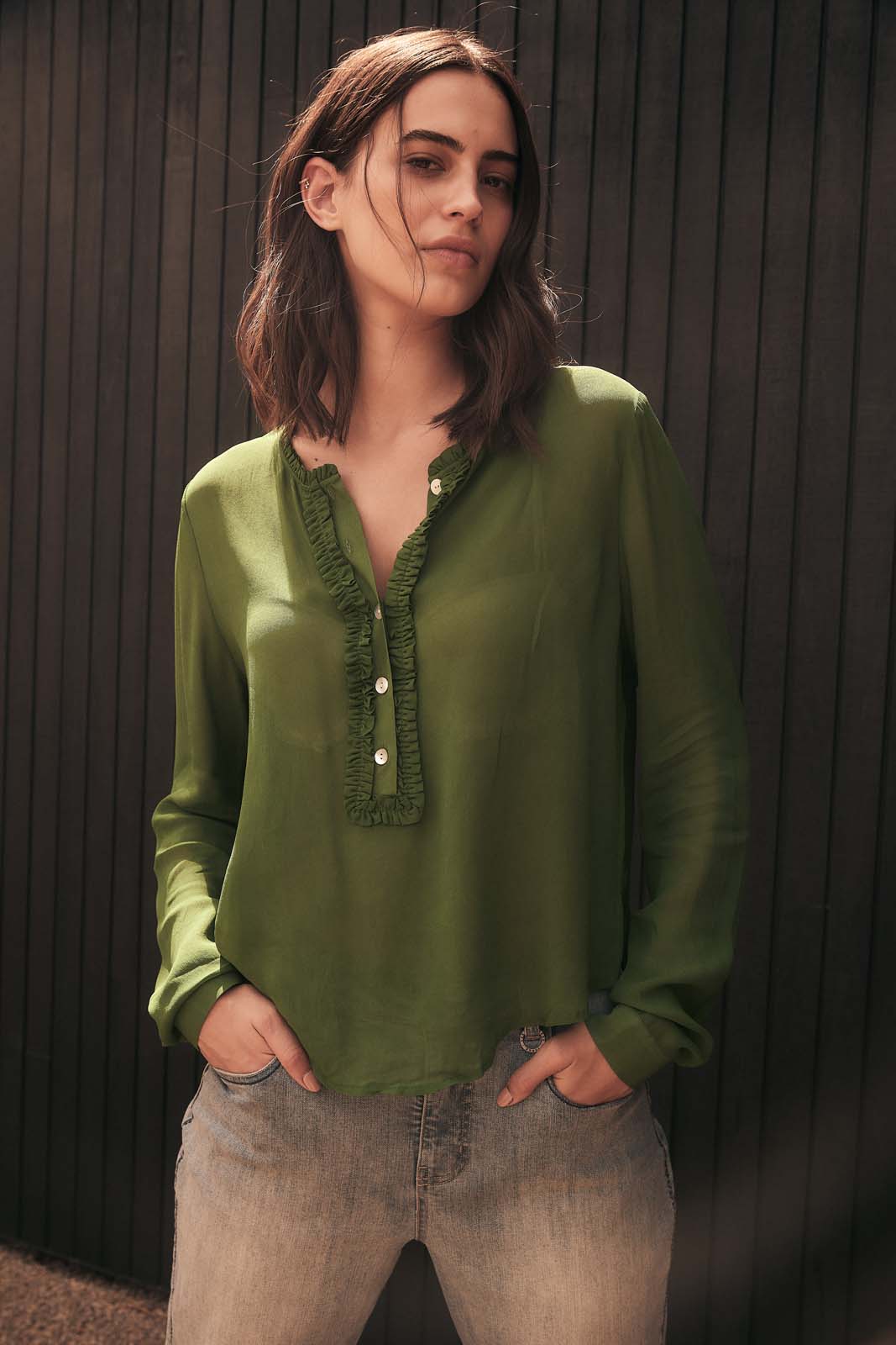 MOONLIGHT FRILL FRONT BLOUSE- Forest