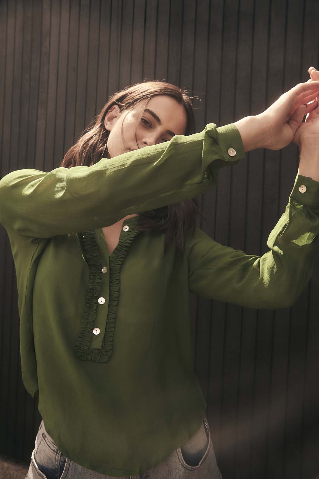 MOONLIGHT FRILL FRONT BLOUSE- Forest