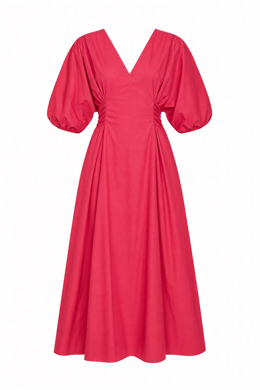 TIBI PLEAT WAIST DRESS- CRIMSON