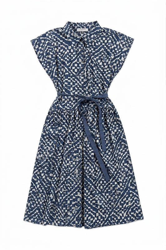 Blue and white patterned dress with a belt on a white background