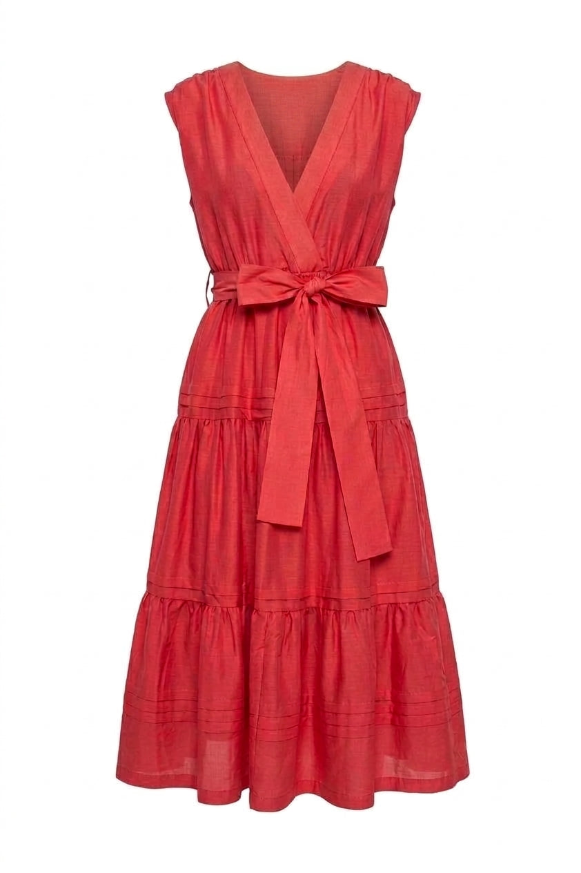 TIBI V NECK DRESS- Crimson