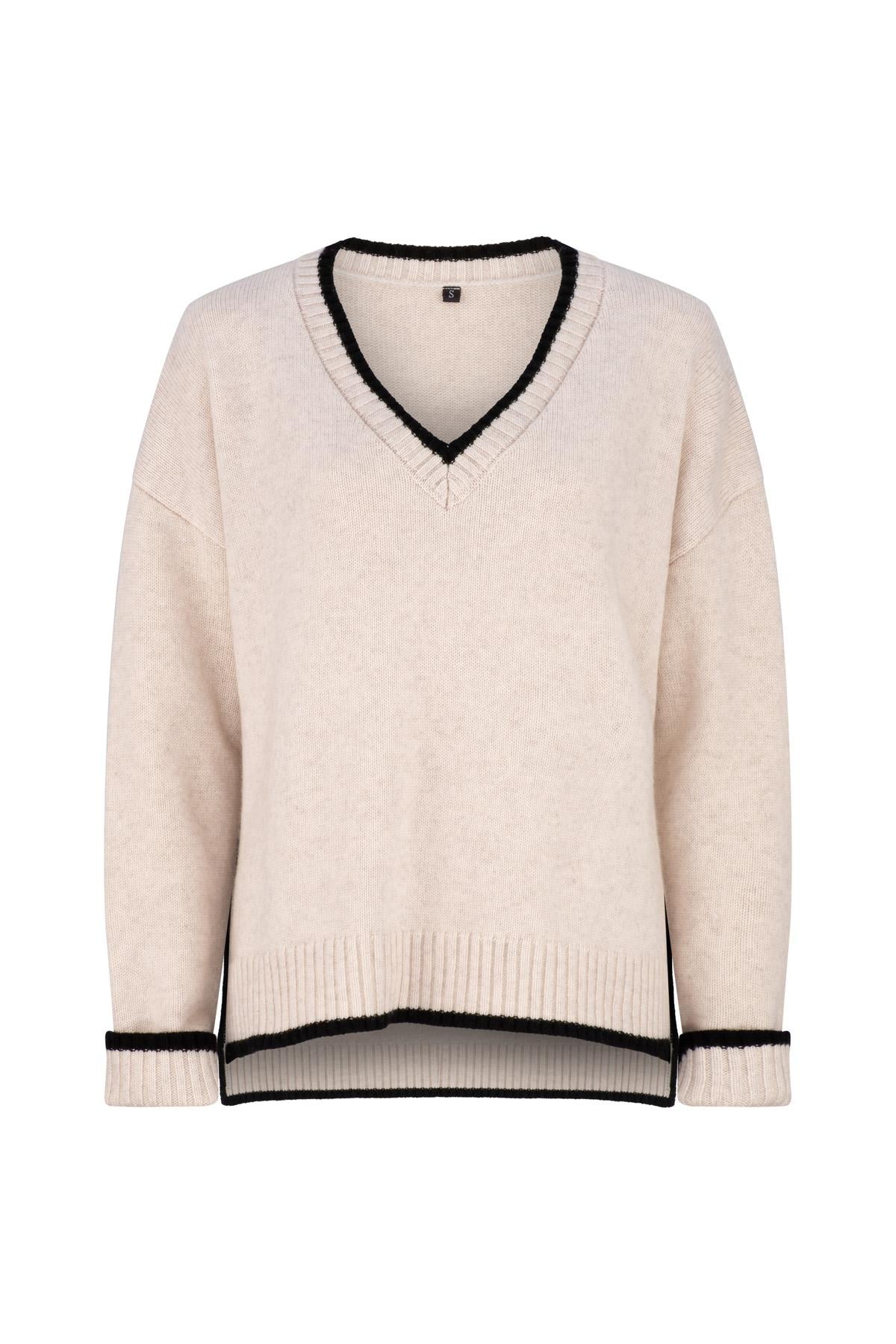 CASHMERE BLEND V NECK JUMPER ALABASTER/BLACK
