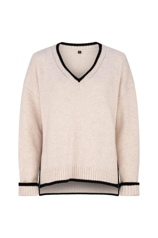 CASHMERE BLEND V NECK JUMPER ALABASTER/BLACK