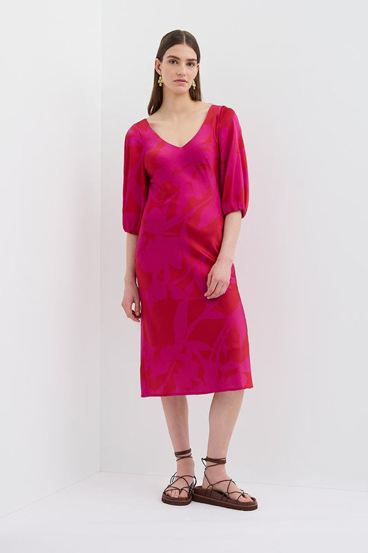 VINCENT V NECK BIAS DRESS FLORAL MAGENTA