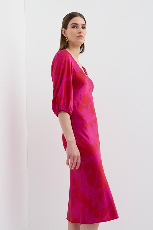 VINCENT V NECK BIAS DRESS FLORAL MAGENTA