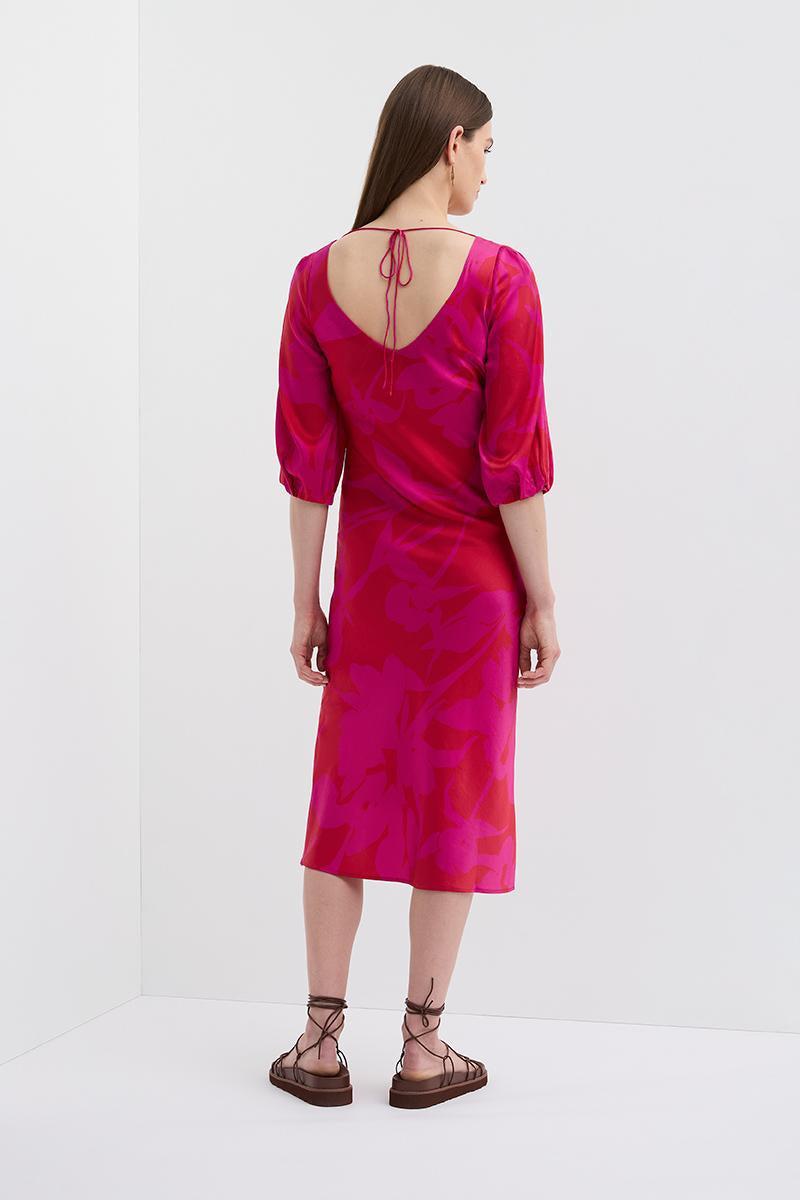 VINCENT V NECK BIAS DRESS FLORAL MAGENTA