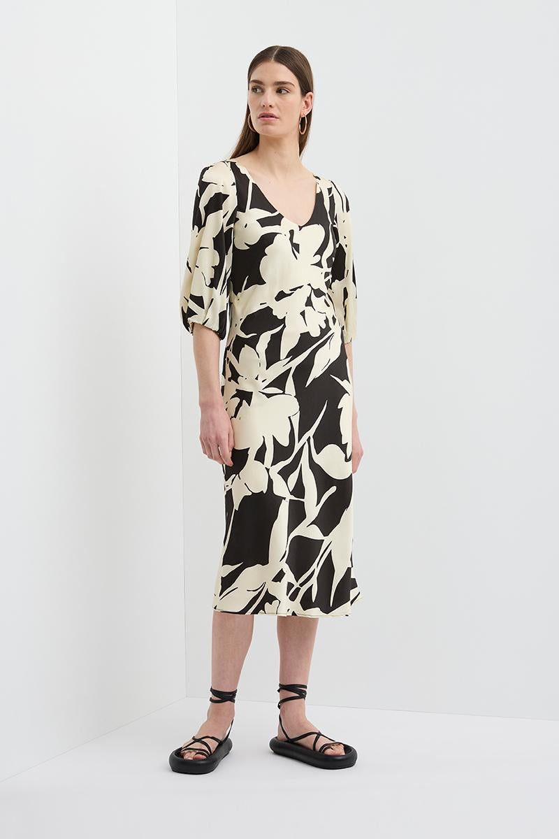 VINCENT V NECK BIAS DRESS FLORAL BLACK