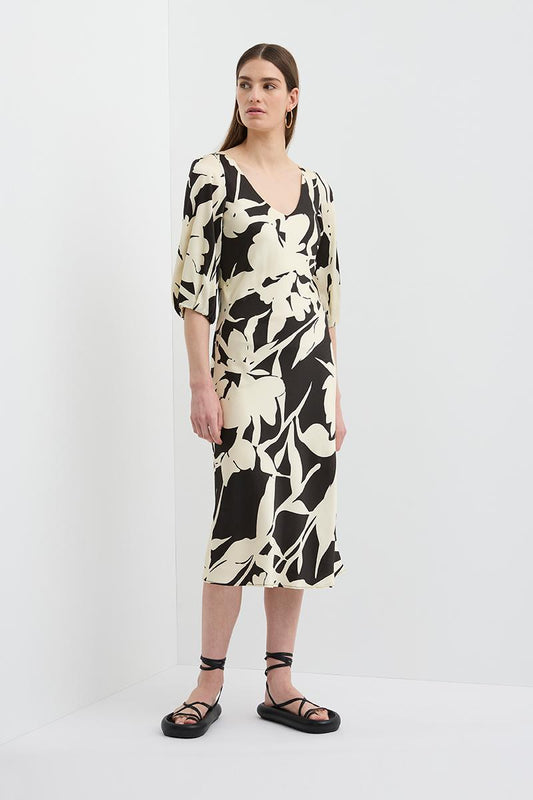 VINCENT V NECK BIAS DRESS FLORAL BLACK